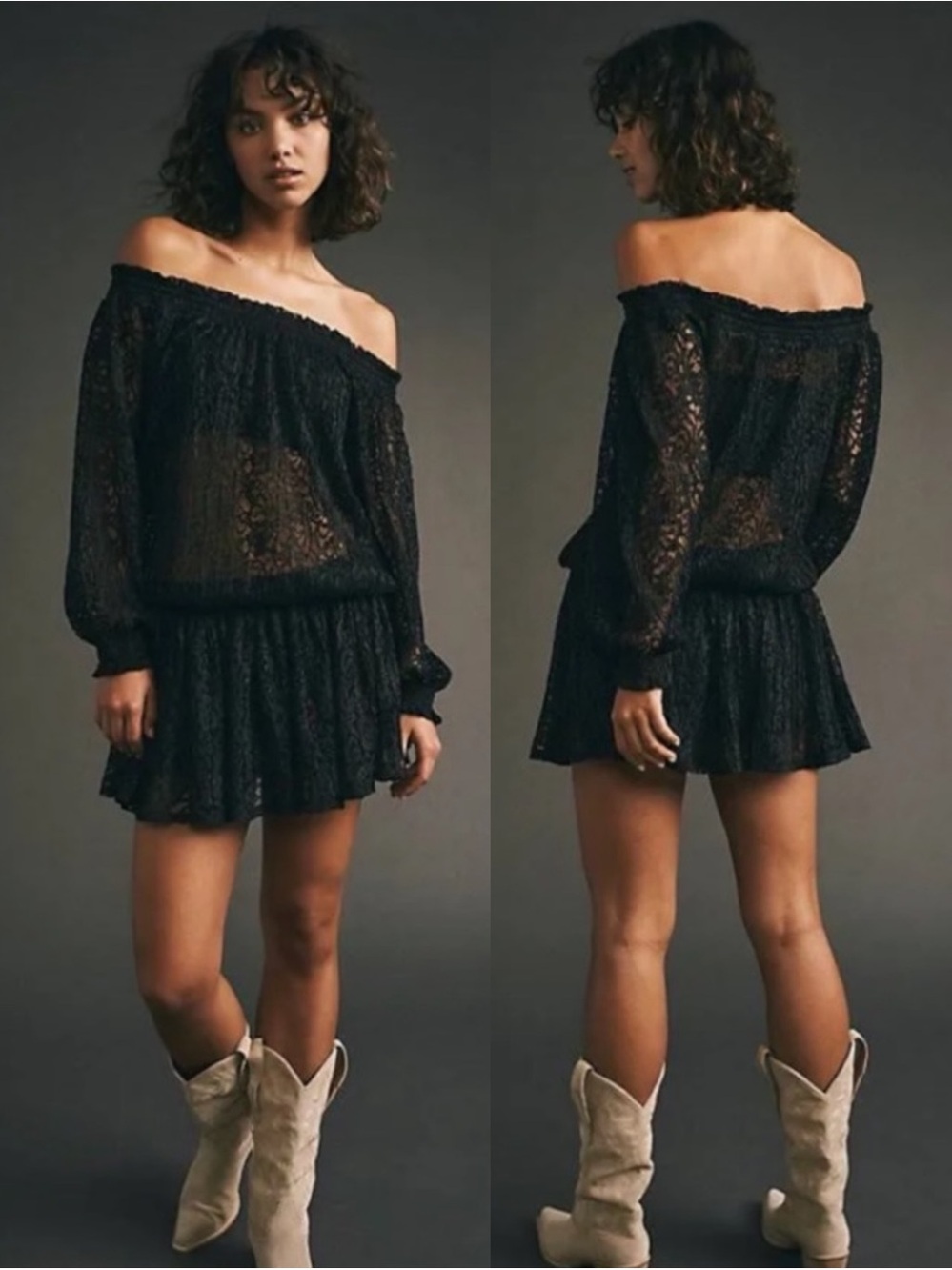 NWT Free People Carina Meadow Lace Mini Dress Black XS OffShoulder Boho Festival